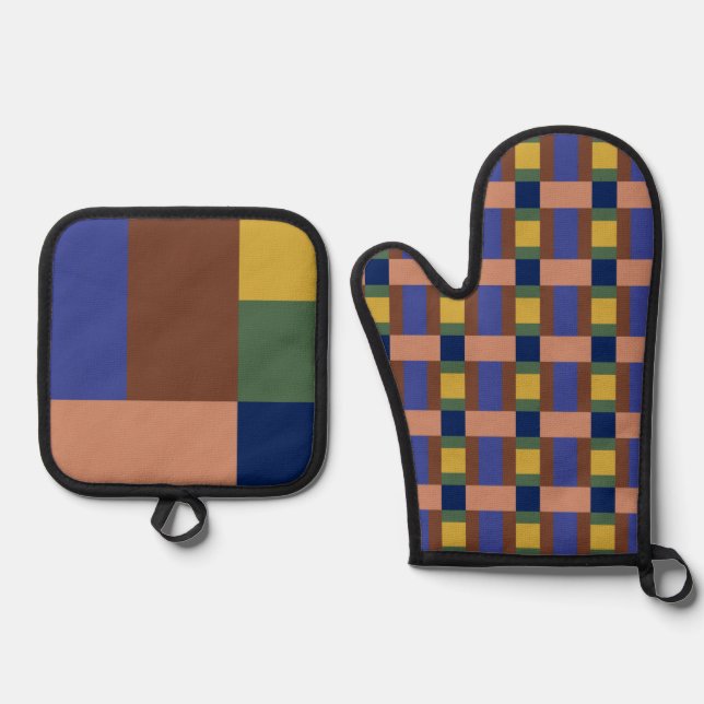 Blau-braun-Tan-Gelb-Farbblock drucken Ofenhandschuh & Topflappen-Set (Vorderseite)