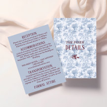 Blau & Burgunderrot Vintage-Toile-Hochzeitsdetails