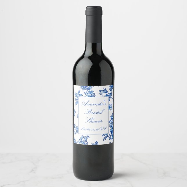 Blau-Chinoiserie-Brautparty Weinetikett (Vorderseite)