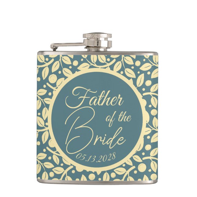 Blau & Creme Blattmuster Vater der Braut Flachmann (Vorderseite)