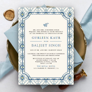 Blau Creme Elfenbein Ikat Anand Karaj Sikh Hochzei Einladung