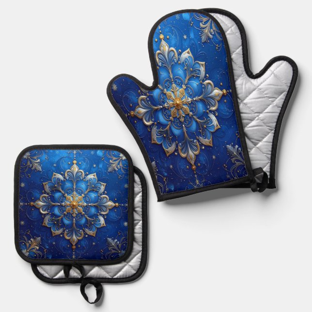 Blau Dekorativ Ofenhandschuh & Topflappen-Set (Vorderseite/Rückseite)