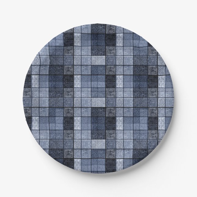 Blau, Denim, Tartan, kariert. Pappteller (Vorderseite)
