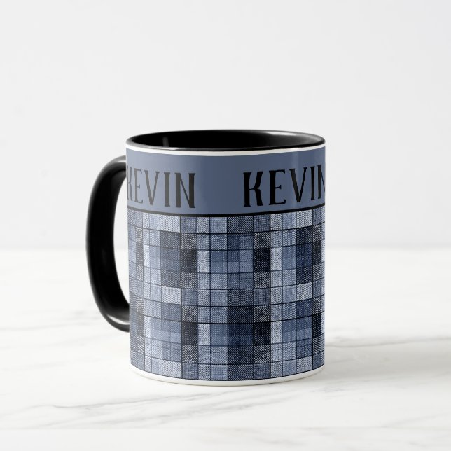 Blau, Denim, Tartan, kariert. Zwei-Tone-Tasse Tasse (Vorderseite Links)