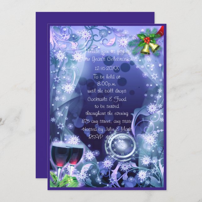 Blau die Uhr schlägt 12 Neujahrs-Party Einladung (Vorne/Hinten)