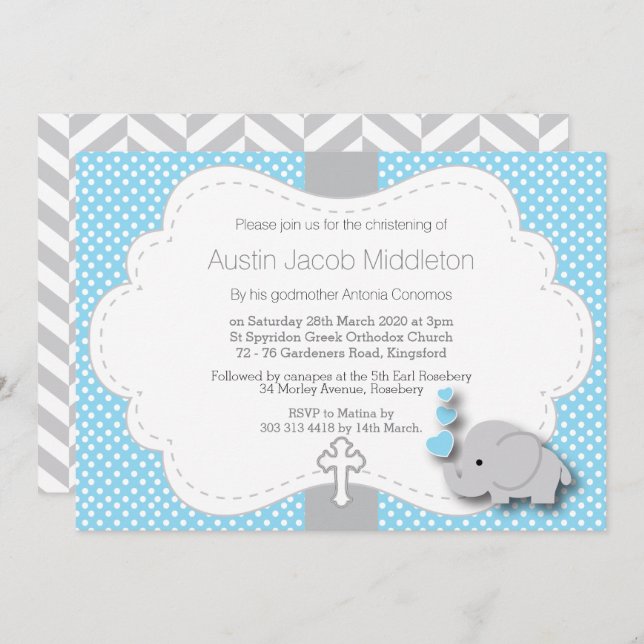 Blau - Elephant 🐘 Baby Foto - Christening Einladung (Vorne/Hinten)