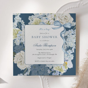 Blau Es ist ein Junge Florales Schleifen-Baby-Part Einladung