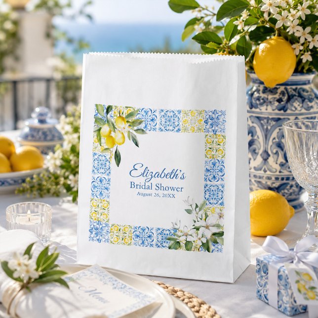 Blau-Fliesen und Zitronen-Brautparty Geschenktütchen (Mediterranean Lemon Bridal Shower Favor Bag)