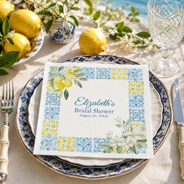 Blau-Fliesen und Zitronen-Brautparty Serviette (Mediterranean Lemon Bridal Shower Paper Napkins)
