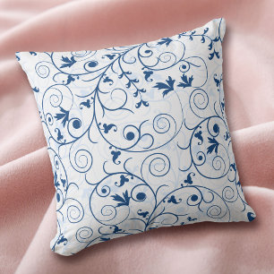 Blau florale Swirbelmuster auf Weiß Kissen