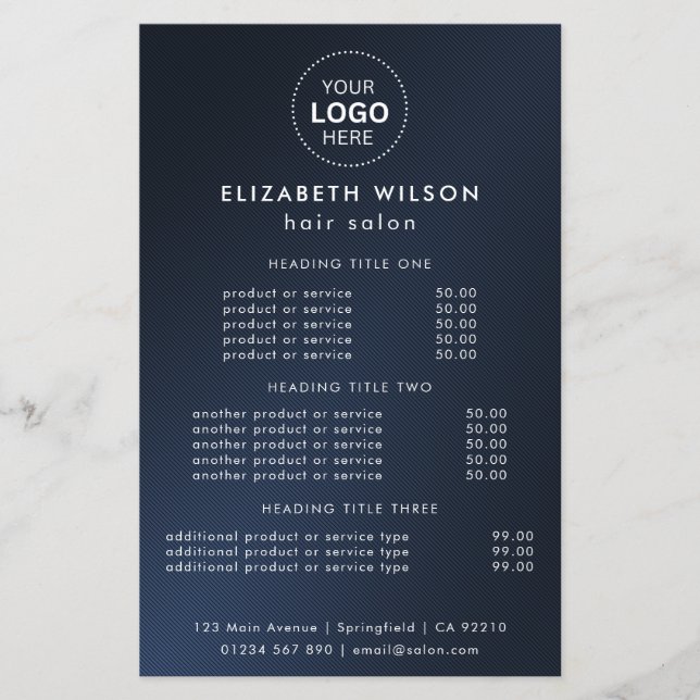blau | Flyer des einfachen Salon Service Menüs (Vorne)