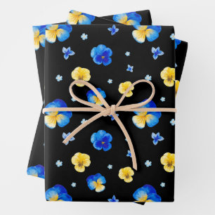 Blau-Gelb-Aquarellfarben Blume Schwarz Geschenkpapier Set