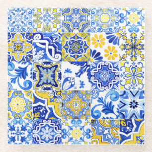 Blau & Gelb Azulejo Portugiesische Majolika-Mosaik Glasuntersetzer