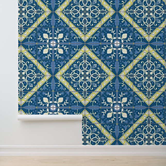 Blau-Gelb-Delft-Fliesenmuster Tapete (Anwendung)