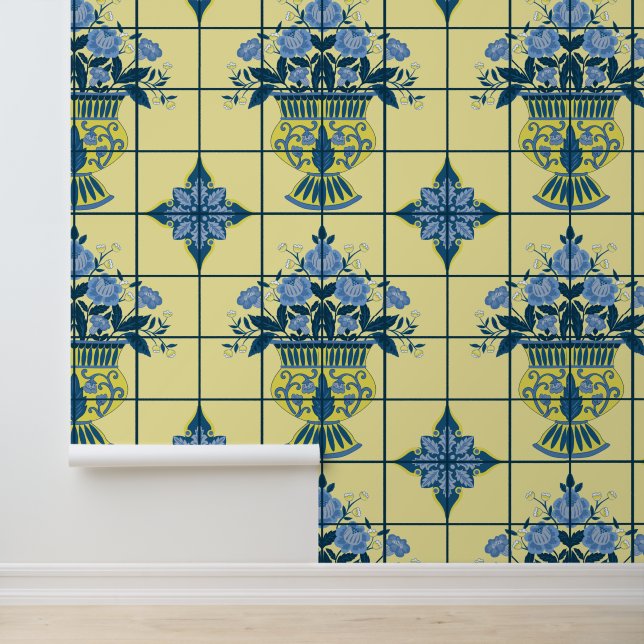 Blau-Gelb-Delft-Flora-Arrangement Tile Tapete (Anwendung)