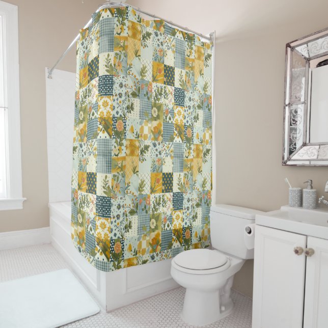 Blau Gelb Grün Patchwork Quilt Floral Retro Duschvorhang (Beispiel)