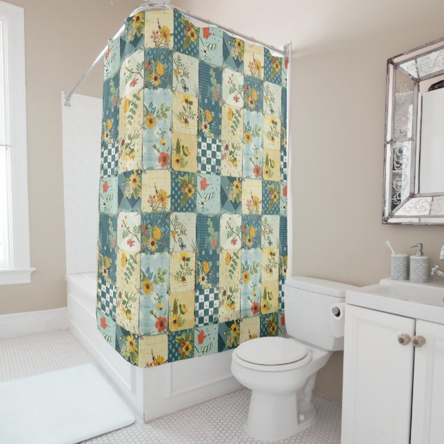 Blau Gelb Grün Patchworkdecke Floral Retro Duschvorhang (Beispiel)