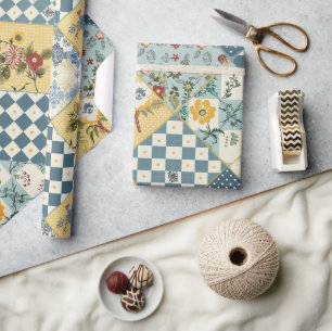 Blau Gelb Grün Quilt Gingham Cottagecore Floral Geschenkpapier