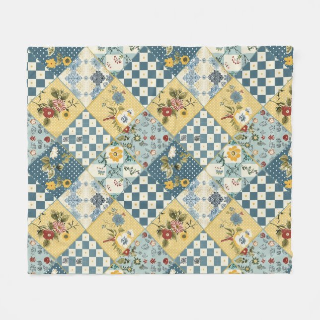 Blau Gelb Grün Quilt Patchwork Gingham Floral Fleecedecke (Vorderseite (Horizontal))