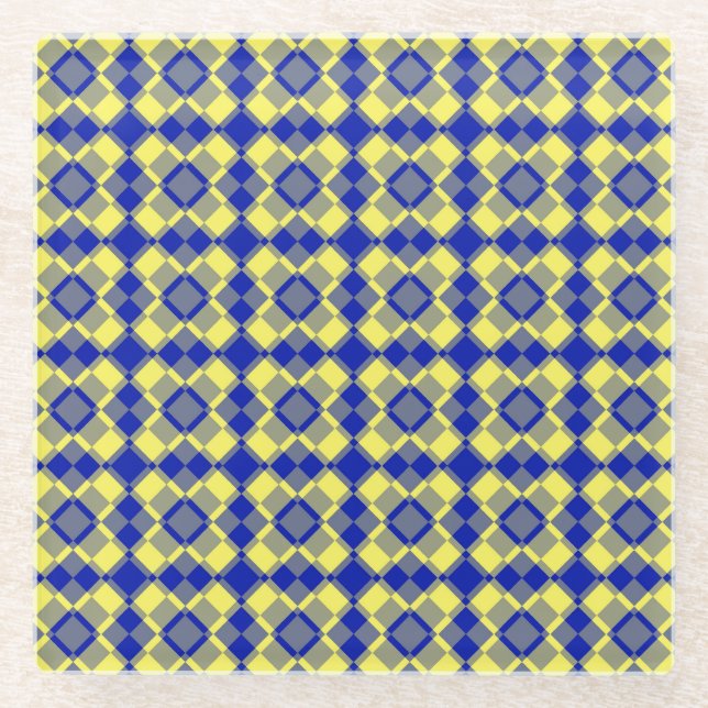 Blau Gelb Karo Argyle-Muster Glasuntersetzer (Vorderseite)