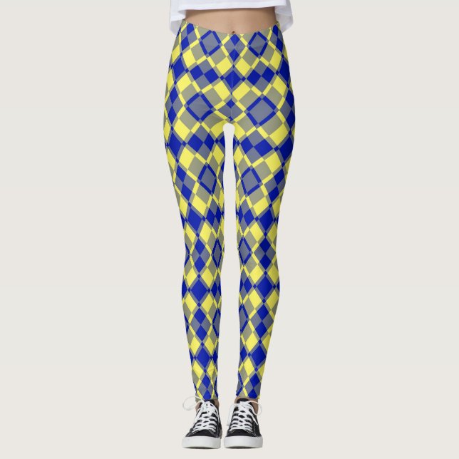 Blau Gelb Karo Argyle-Muster Leggings (Vorderseite)