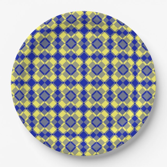 Blau Gelb Karo Argyles Muster Pappteller (Vorderseite)