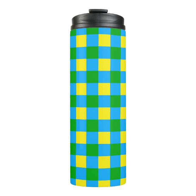 Blau-Gelb-Karo Kariertes Muster Thermosbecher (Vorderseite)