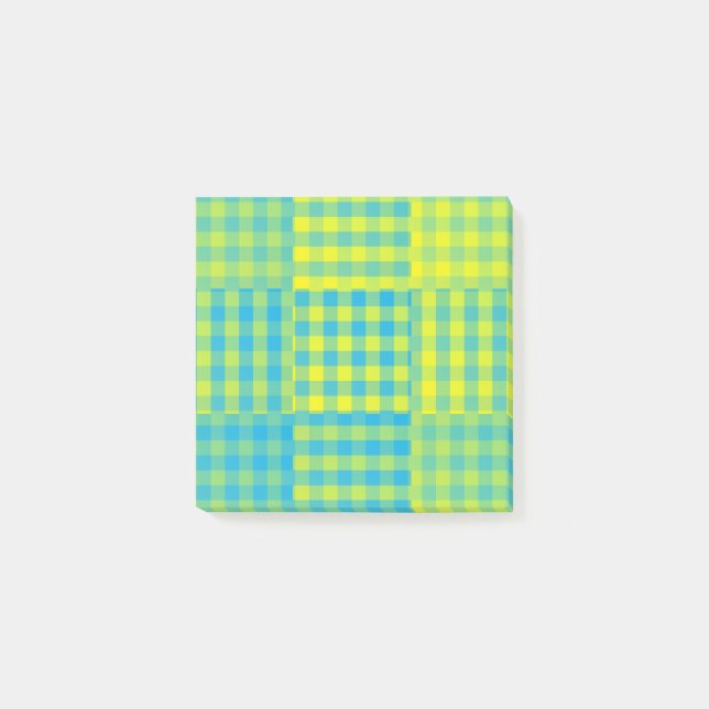 Blau Gelb Karo Patchworkmuster Post-it Klebezettel (Vorderseite)