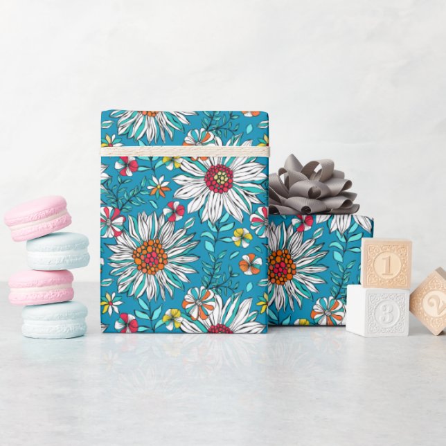 Blau-Gelb-Orange-Blume Muster Geschenkpapier (Babyparty)