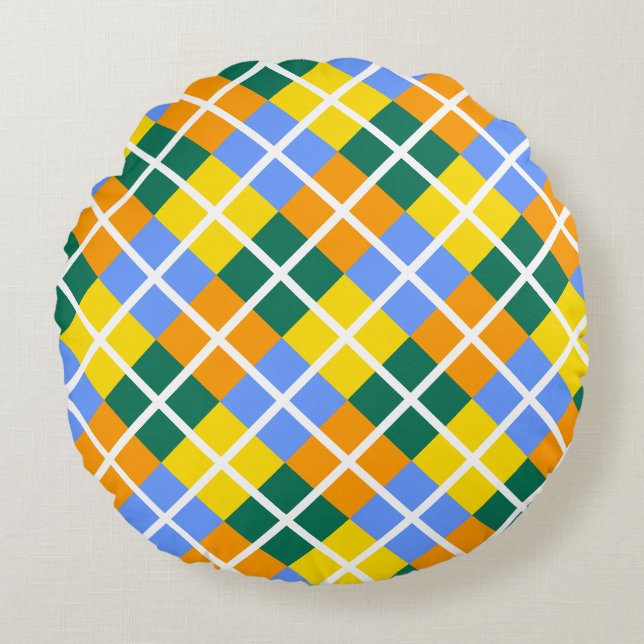 Blau-Gelb-Orange Rundes Kissen (Vorderseite)