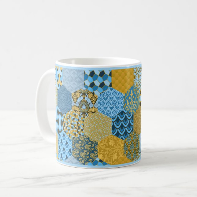 Blau-Gelb-Patchwork-Tasse Kaffeetasse (Vorderseite Links)