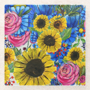 Blau-gelb rosa Floral Nahtlos Glasuntersetzer