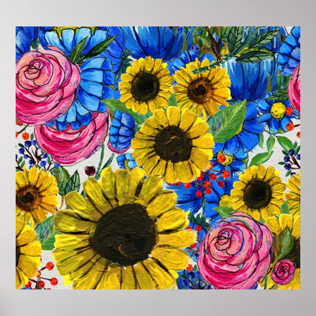 Blau-gelb rosa Floral Nahtlos Poster (Vorne)