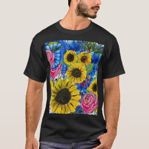 Blau-gelb rosa Floral Nahtlos T-Shirt