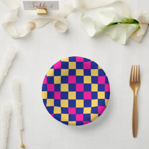Blau Gelb Rosa Karomuster Design Pappteller