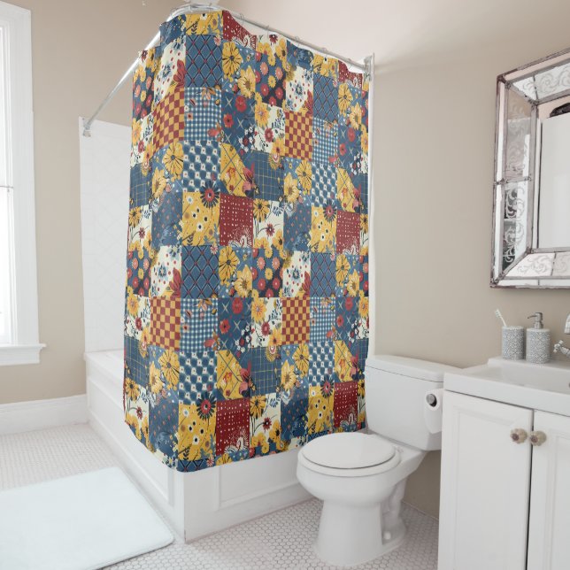 Blau Gelb Rot Patchworkdecke Floral Retro Duschvorhang (Beispiel)