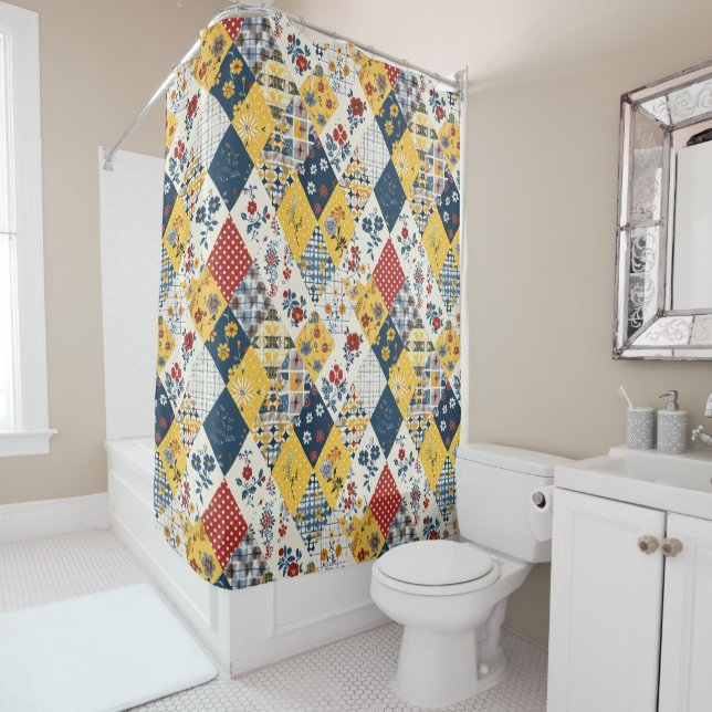 Blau Gelb Rot Patchworkdecke Floral Retro Duschvorhang (Beispiel)