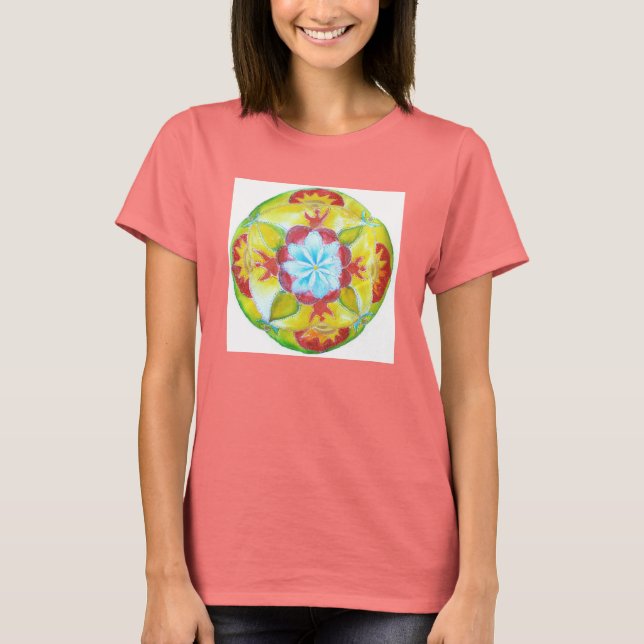 Blau, Gelb, Rot, Peace Mandala T-Shirt (Vorderseite)