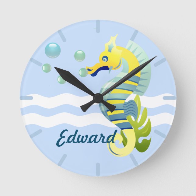 Blau-Gelb-Seepferd Runde Wanduhr (Vorderseite)