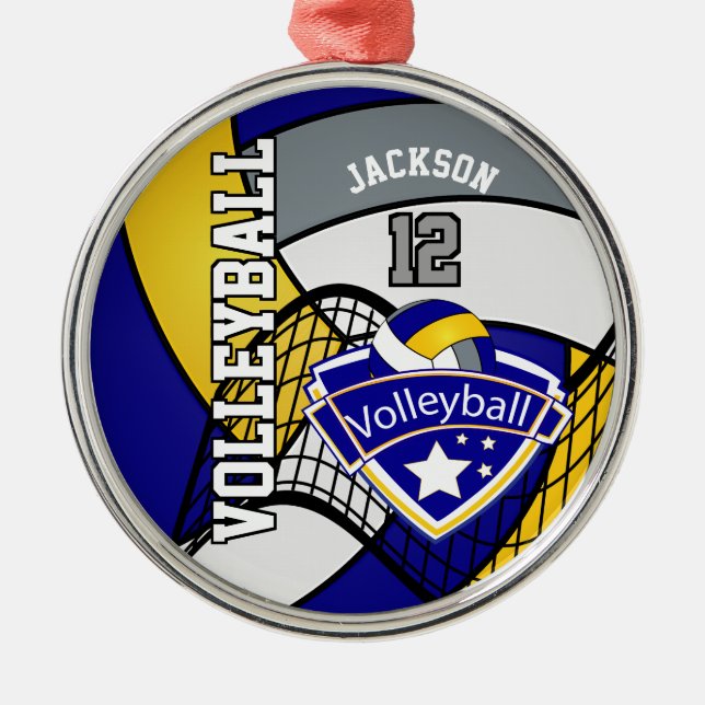 *Blau, Gelb und Grau Persönliches Volleyball-Logo Ornament Aus Metall (Vorne)