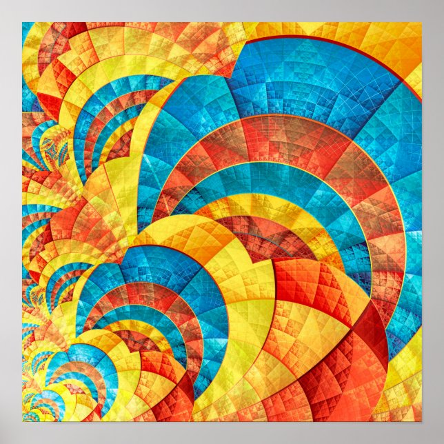 Blau-, Gelb- und Orangefarbenes Fraktal-Muster Poster (Vorne)