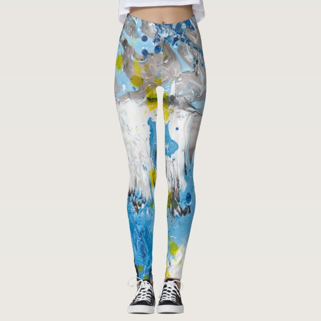 Blau-Gelb Weiß Moderne Elegante Abstrakte Kunst Leggings (Vorderseite)