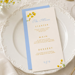 Blau-gelbe Blumen Hochzeitsmenü Menükarte
