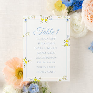 Blau-gelbe Hochzeitssitzordnungskarte mit floralem Tischnummer