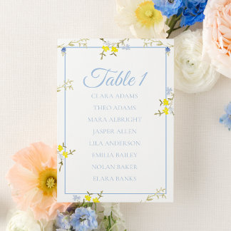 Blau-gelbe Hochzeitssitzordnungskarte mit floralem Tischnummer