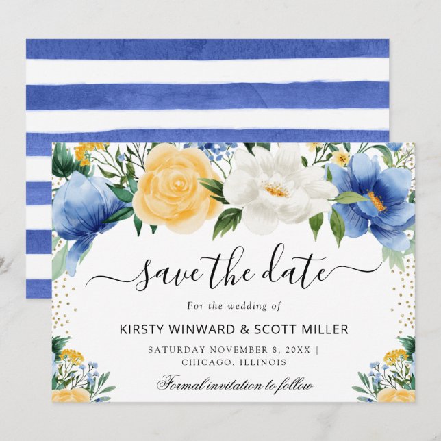 Blau-Gelbe Sommer-Blume Hochzeit Save The Date (Vorne/Hinten)