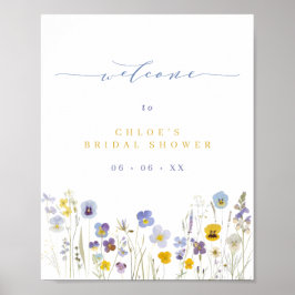 Blau-gelbe Wildblumen Brautparty Empfang Poster