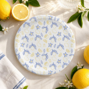 Blau-gelbe Zitrus-Limonen-Muster Pappteller