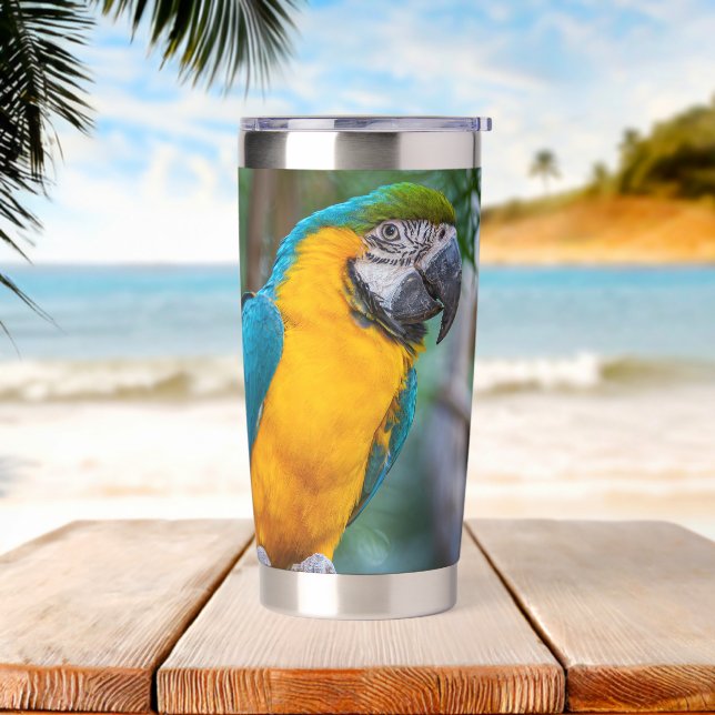 Blau-Gelber Ara Thermobecher (Strand)