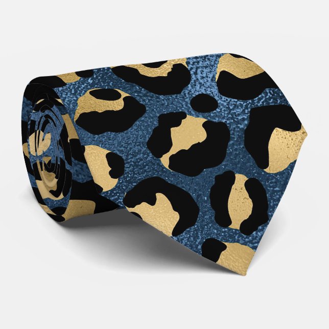 Blau-gelber Leopardenprint Krawatte (Gerollt)